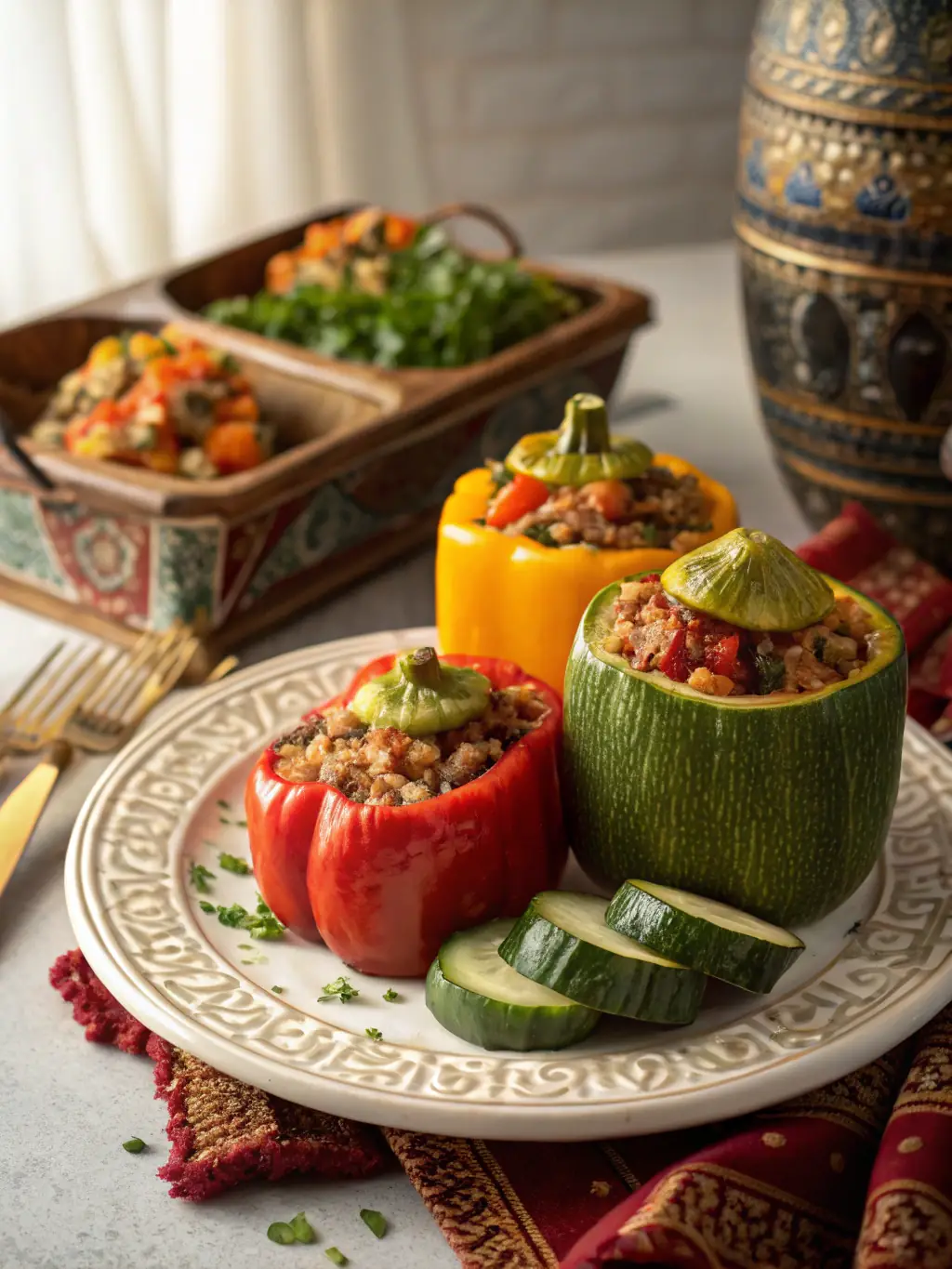 An image displaying a variety of fresh Moroccan vegetables, including peppers, cucumbers, and zucchini, arranged to showcase their crispness and variety.