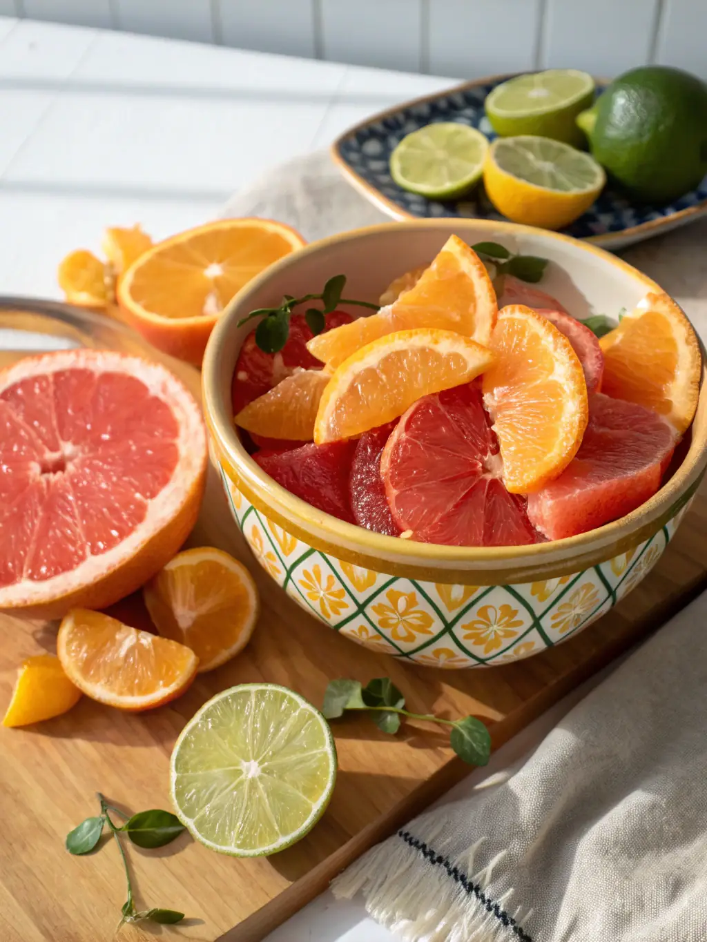 A close-up shot of a selection of colorful Moroccan citrus fruits, such as oranges and lemons, emphasizing their vibrant colors and juicy texture.