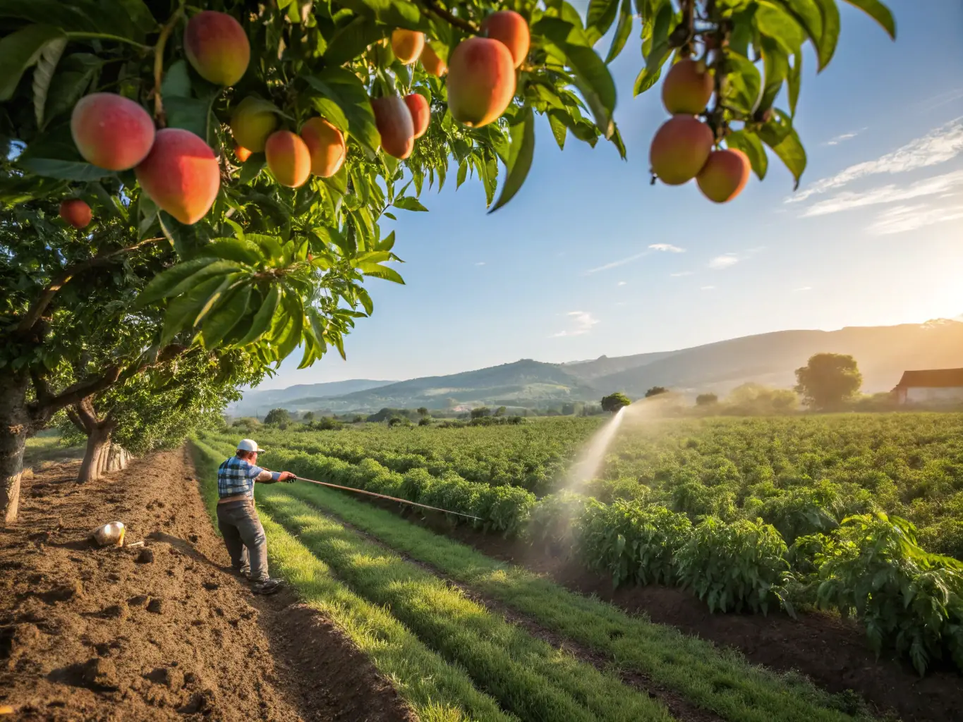 A diverse selection of colorful fruits and vegetables being carefully inspected by a farmer in a Moroccan field, emphasizing the quality control and care taken in sourcing the produce.
